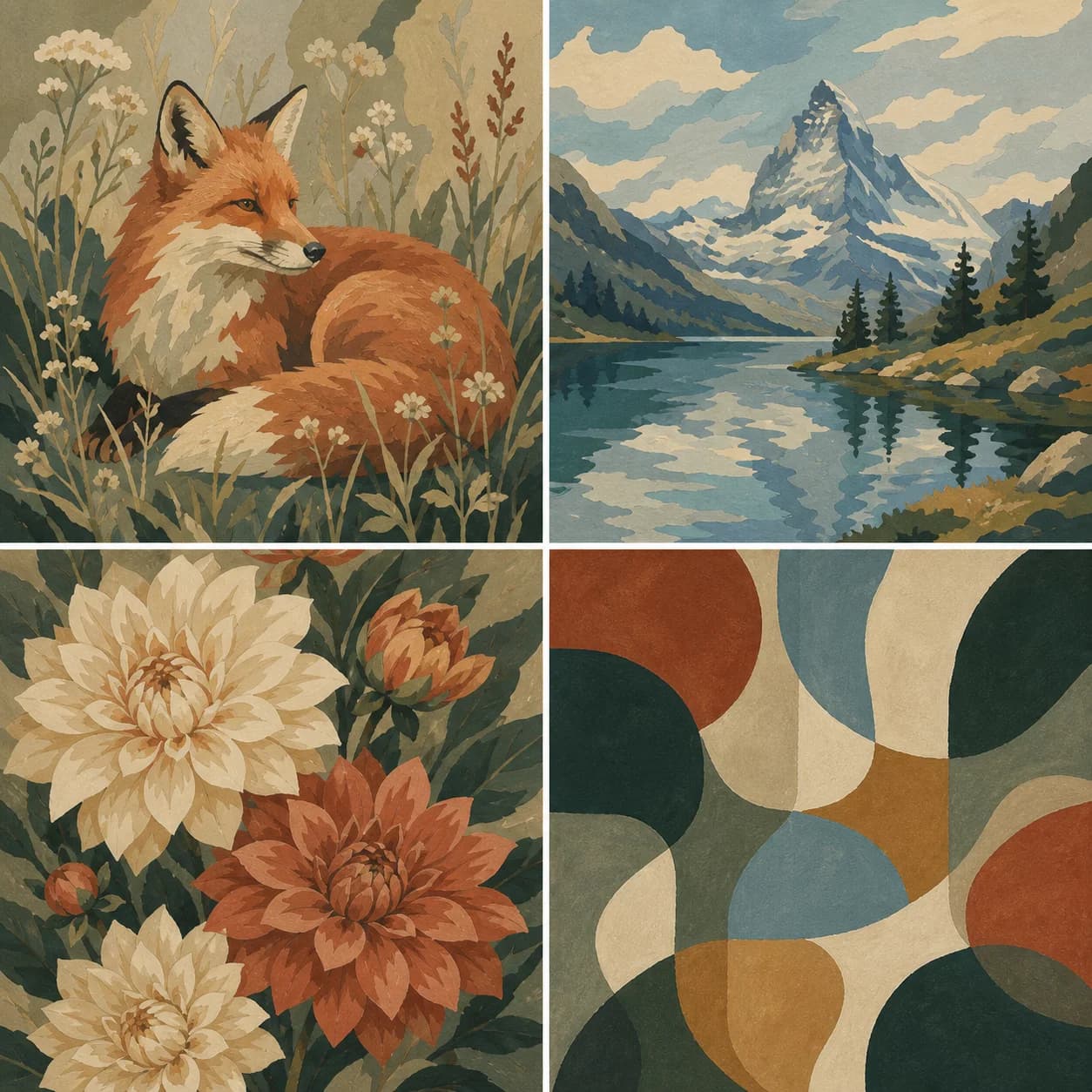 Stylised demo artwork of a resting red fox among subdued meadow flowers