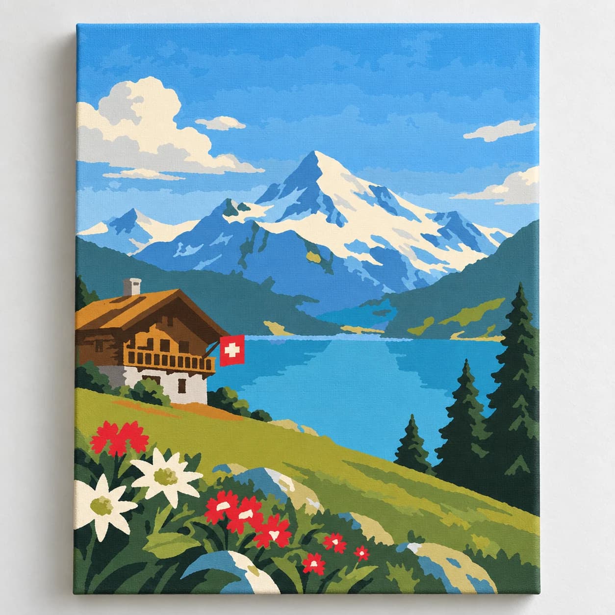 Paint by numbers with Swiss Alps, mountain lake, chalet and Edelweiss. Discover Swiss Idyll by Sainai and create your own Alpine artwork.