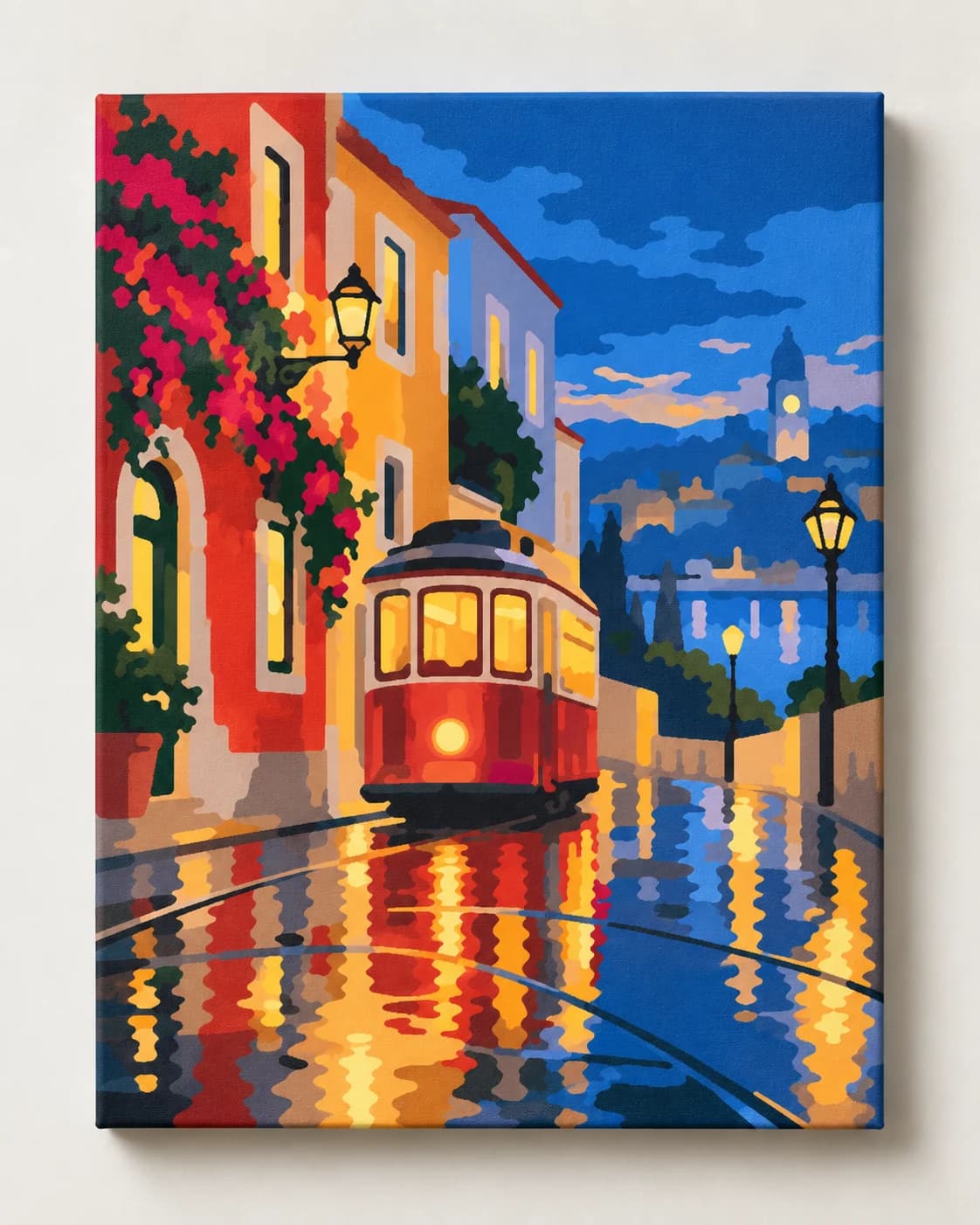 Malen nach Zahlen mit roter Straßenbahn, Abendlichtern und Spiegelungen im Regen. Entdecke Abendliche Straßenbahn von Sainai.