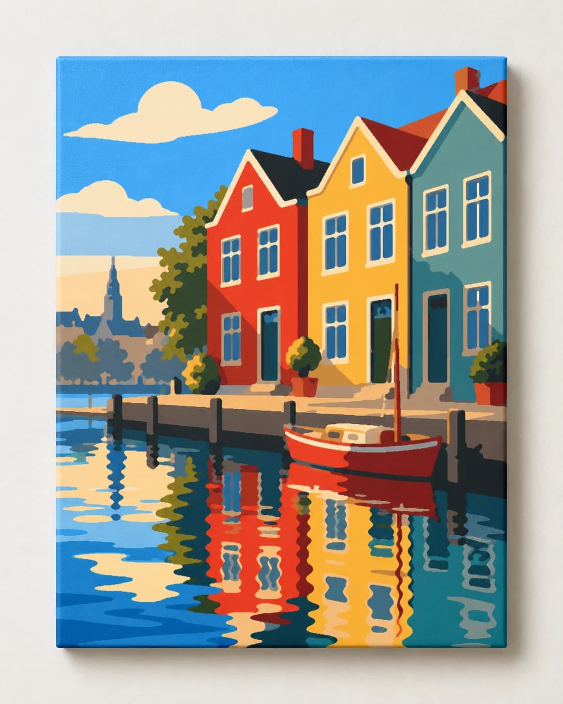 Malen nach Zahlen mit bunten Häusern, Segelboot und Spiegelungen im Wasser. Entdecke Bunter Hafen von Sainai und erschaffe dein eigenes Kunstwerk.