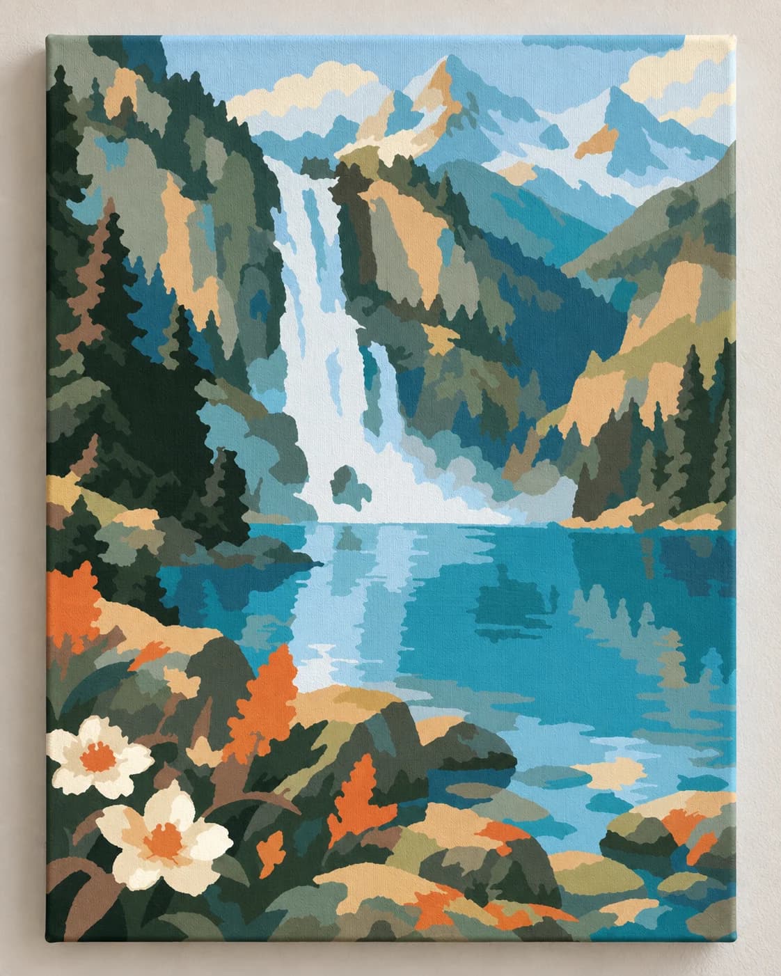 Paint by numbers featuring an Alpine waterfall, turquoise mountain lake and majestic peaks. Discover Alpine Waterfall by Sainai.